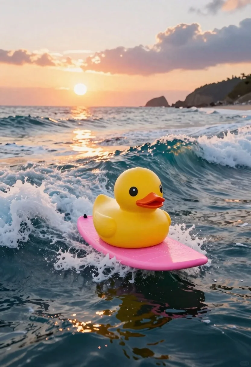 Yellow rubber duck surfing on pink waves at sunset