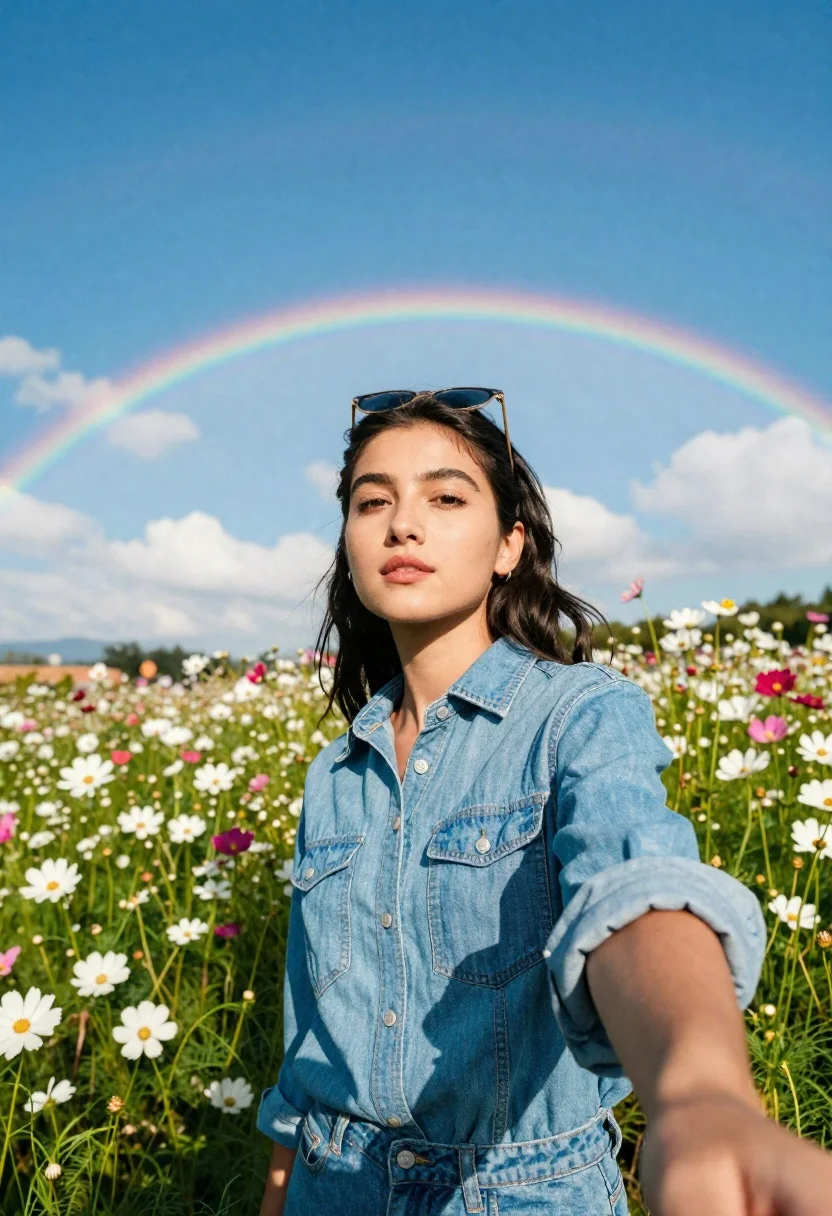 Young woman in denim shirt standing in cosmos flower field under rainbow - AI generated image prompt sample