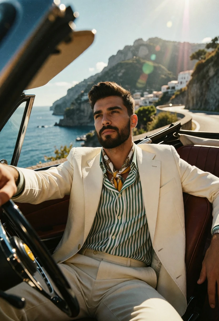 Young man in cream suit driving vintage convertible on coastal road - AI generated image prompt sample