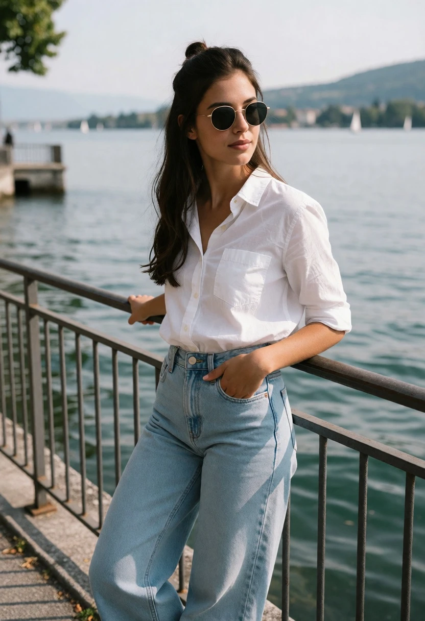 Young woman by lake promenade wearing white shirt and blue jeans - AI generated image prompt sample