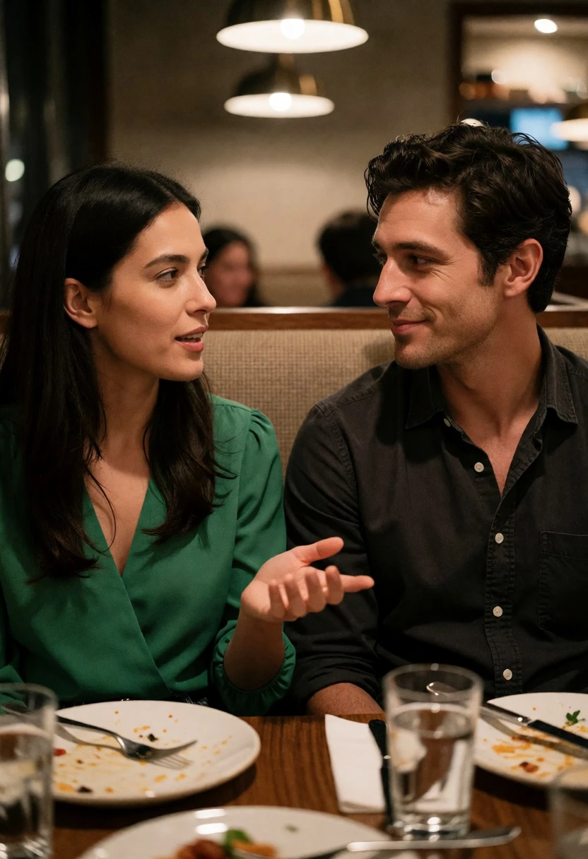 Couple conversing in restaurant booth after meal with warm ambient lighting - AI generated image prompt sample
