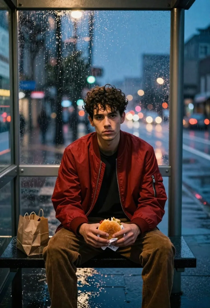 Young man sitting at bus stop on rainy night holding burger - AI generated image prompt sample