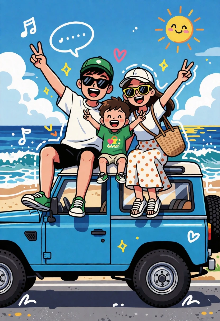 Cheerful cartoon family illustration on vintage suv parked at sunny beach - AI generated image prompt sample