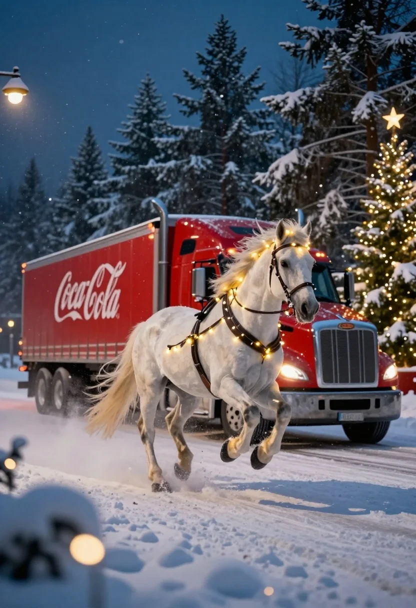 White horse galloping beside red coca cola semitruck on snowy night road - AI generated image prompt sample
