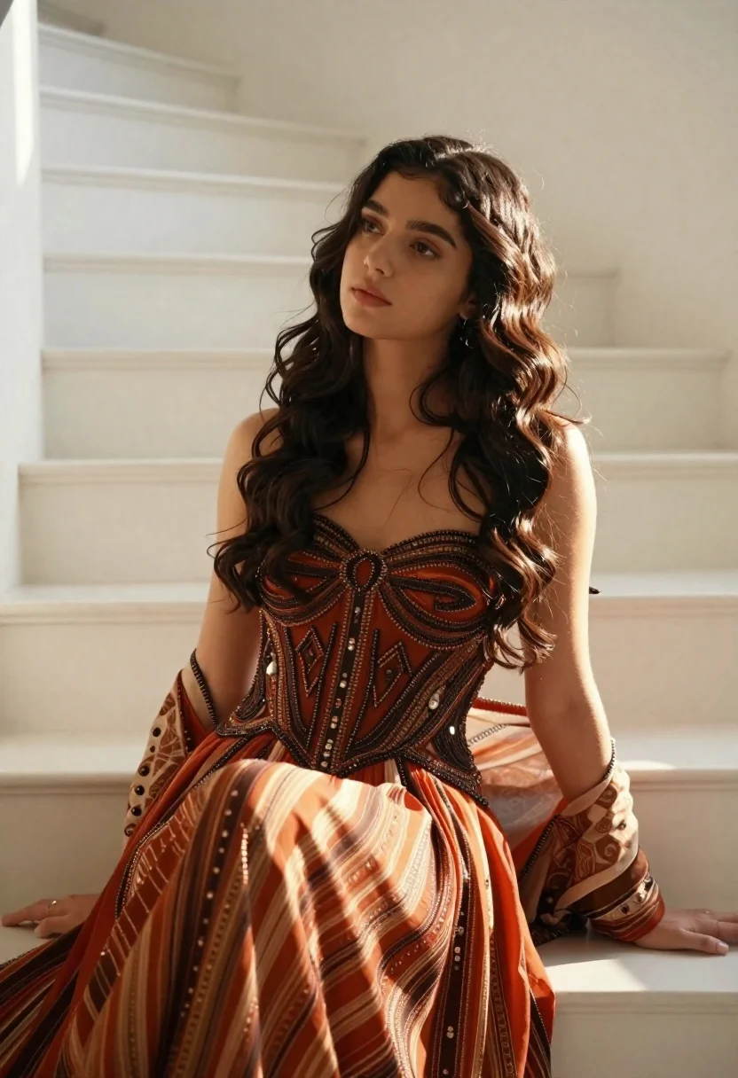 Young woman in embellished gown sitting on white sunlit interior stairs