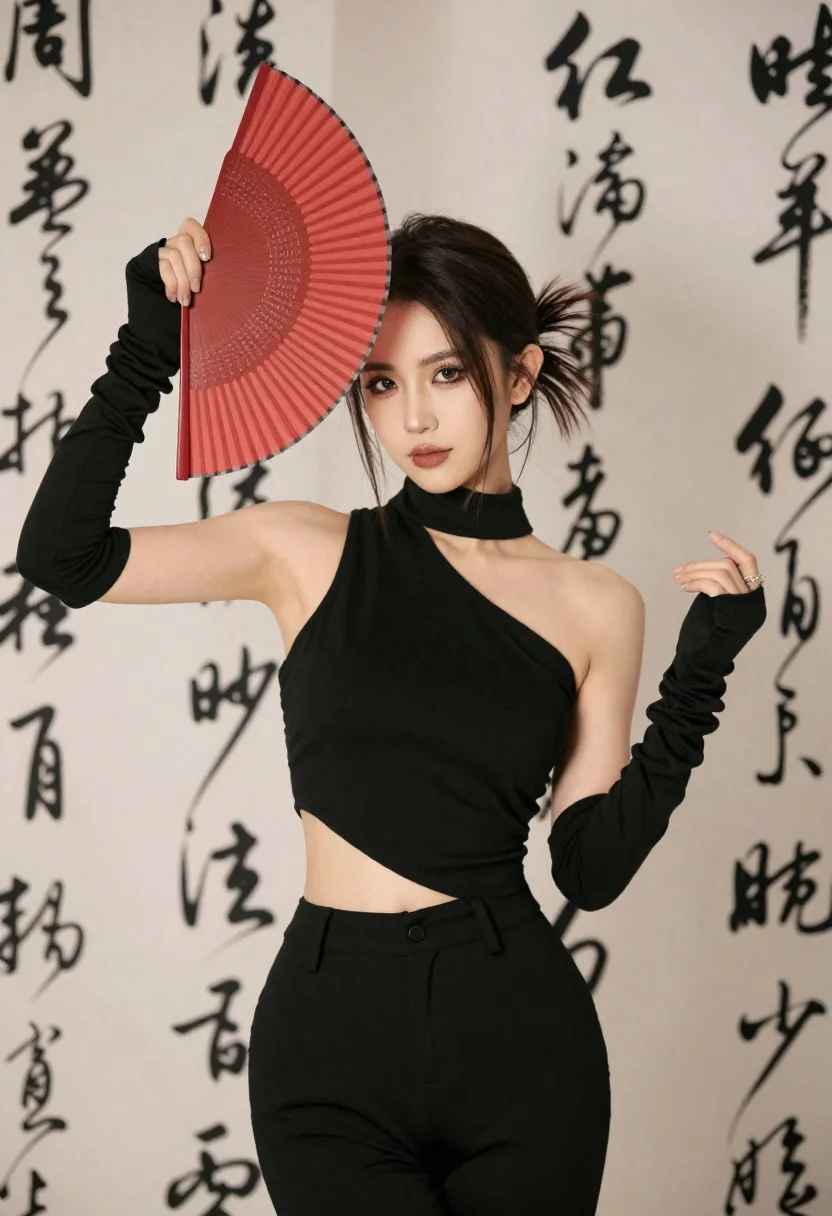 Elegant woman in black outfit holding red fan against calligraphy wall - AI generated image prompt sample