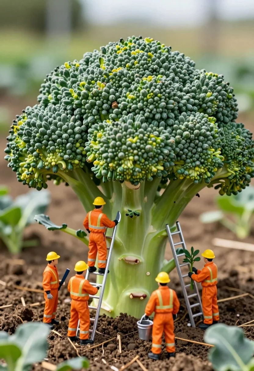 Miniature construction crew working on giant broccoli in a lush garden setting - AI generated image prompt sample