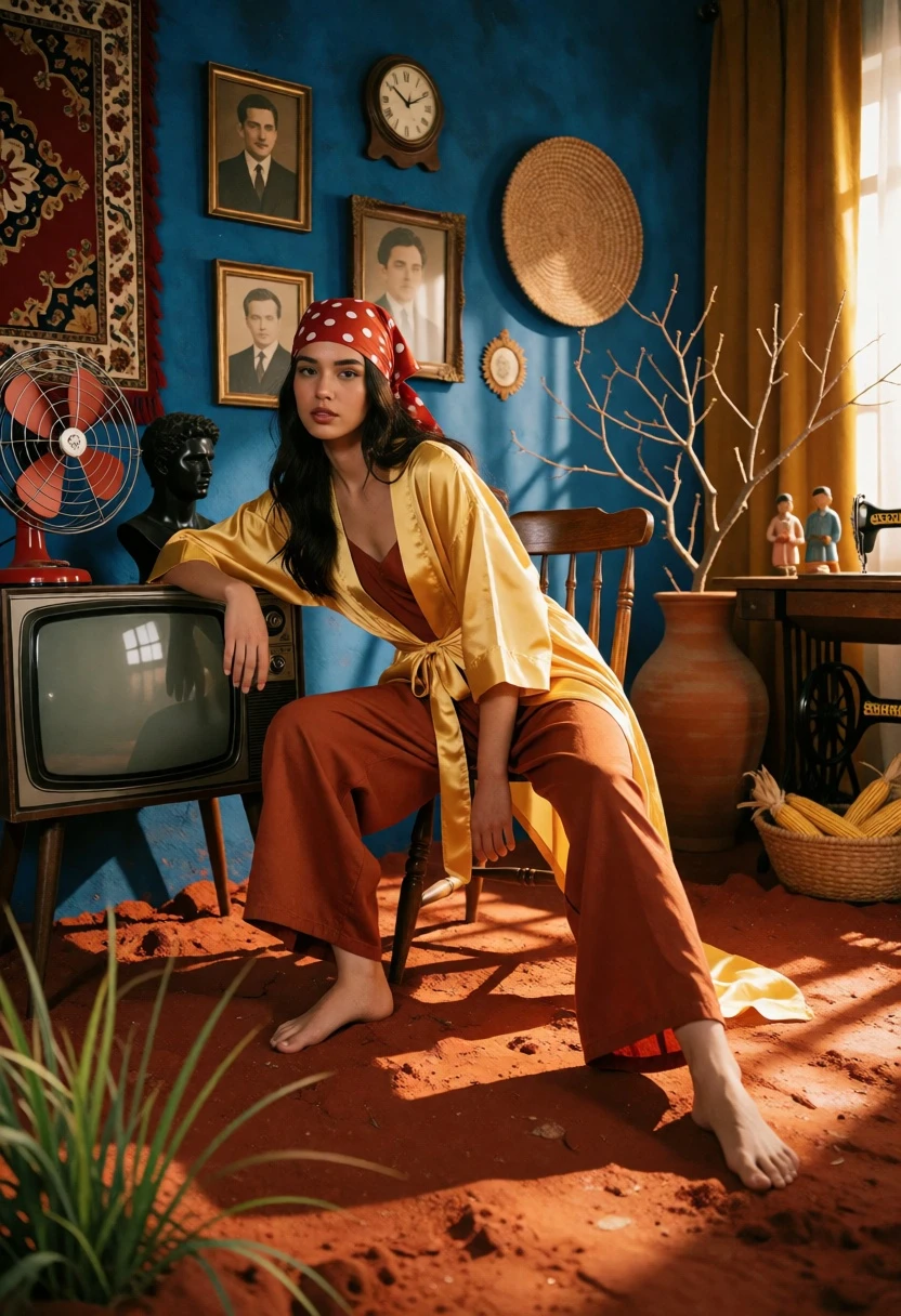 Young woman seated in stylized room with blue wall and red earth - AI generated image prompt sample