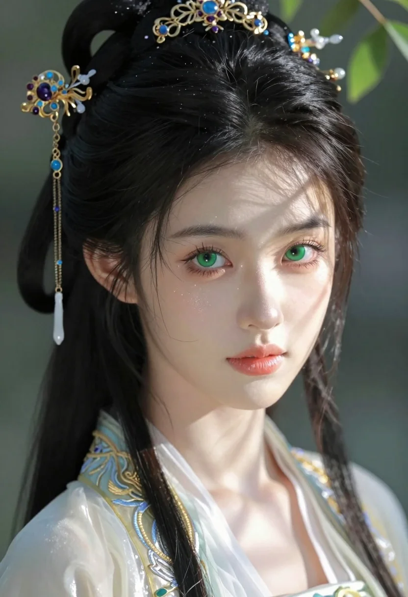Close up portrait of young woman in traditional attire with golden headpiece - AI generated image prompt sample