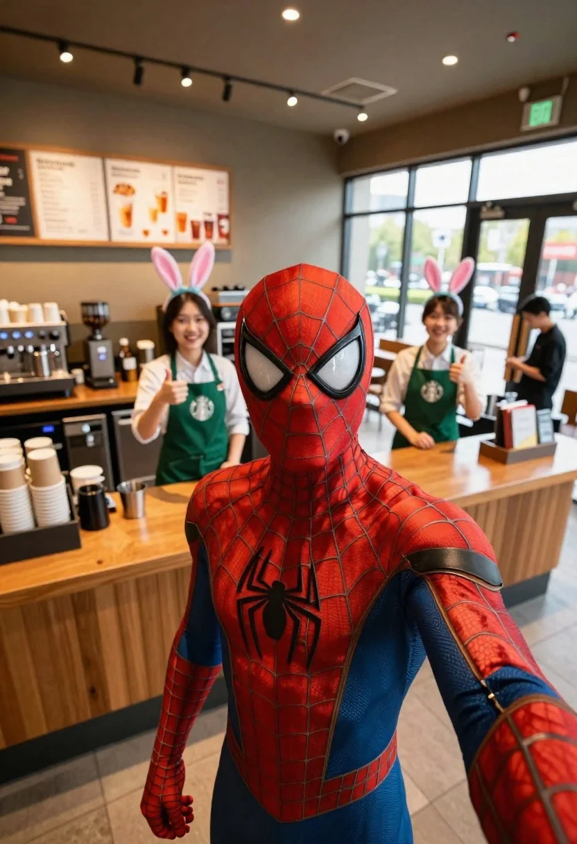 Spider man costume selfie at a coffee shop with baristas - AI generated image prompt sample
