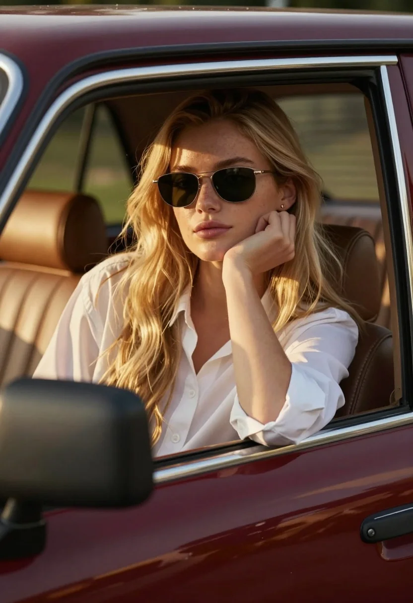 Young woman blonde hair leaning from vintage maroon car window at golden - AI generated image prompt sample