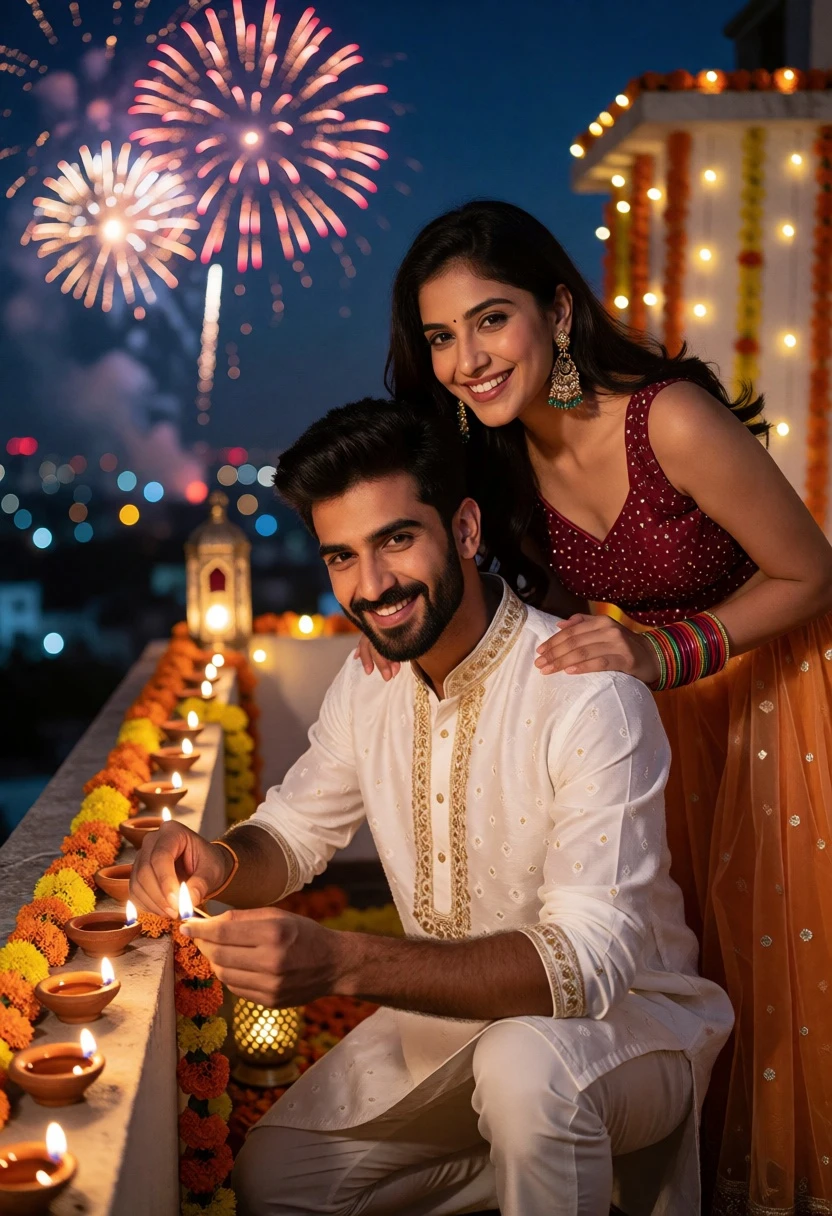 Couple celebrating diwali on decorated rooftop terrace overlooking city skyline - AI generated image prompt sample
