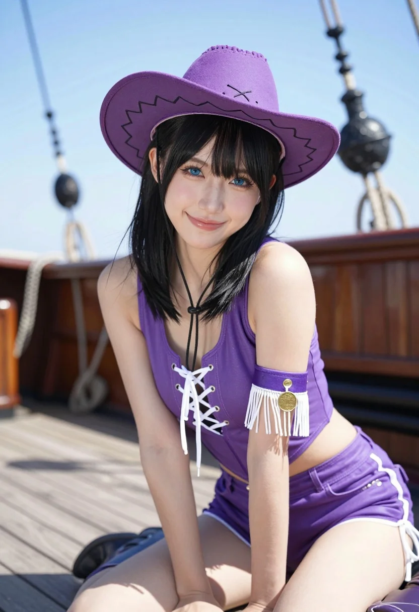 Smiling woman in purple western outfit sitting on a wooden ship deck - AI generated image prompt sample