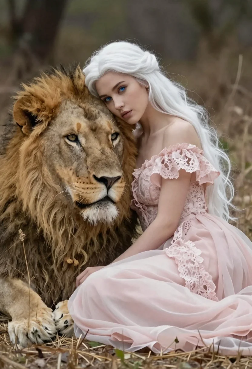 Woman leaning against a lion with white hair