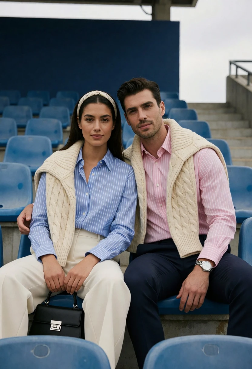 Stylish couple sitting in blue stadium seats with pastel coordinated outfits - AI generated image prompt sample