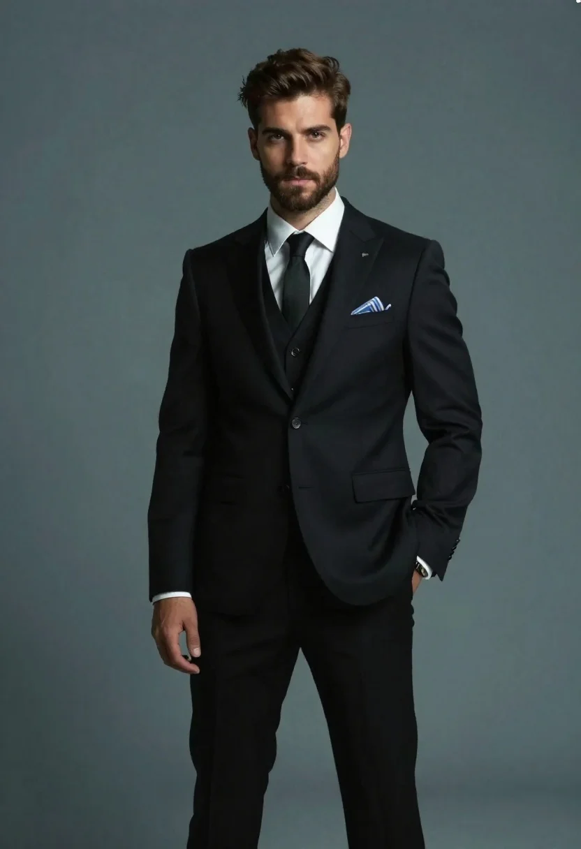Studio portrait of man in black suit under spotlight