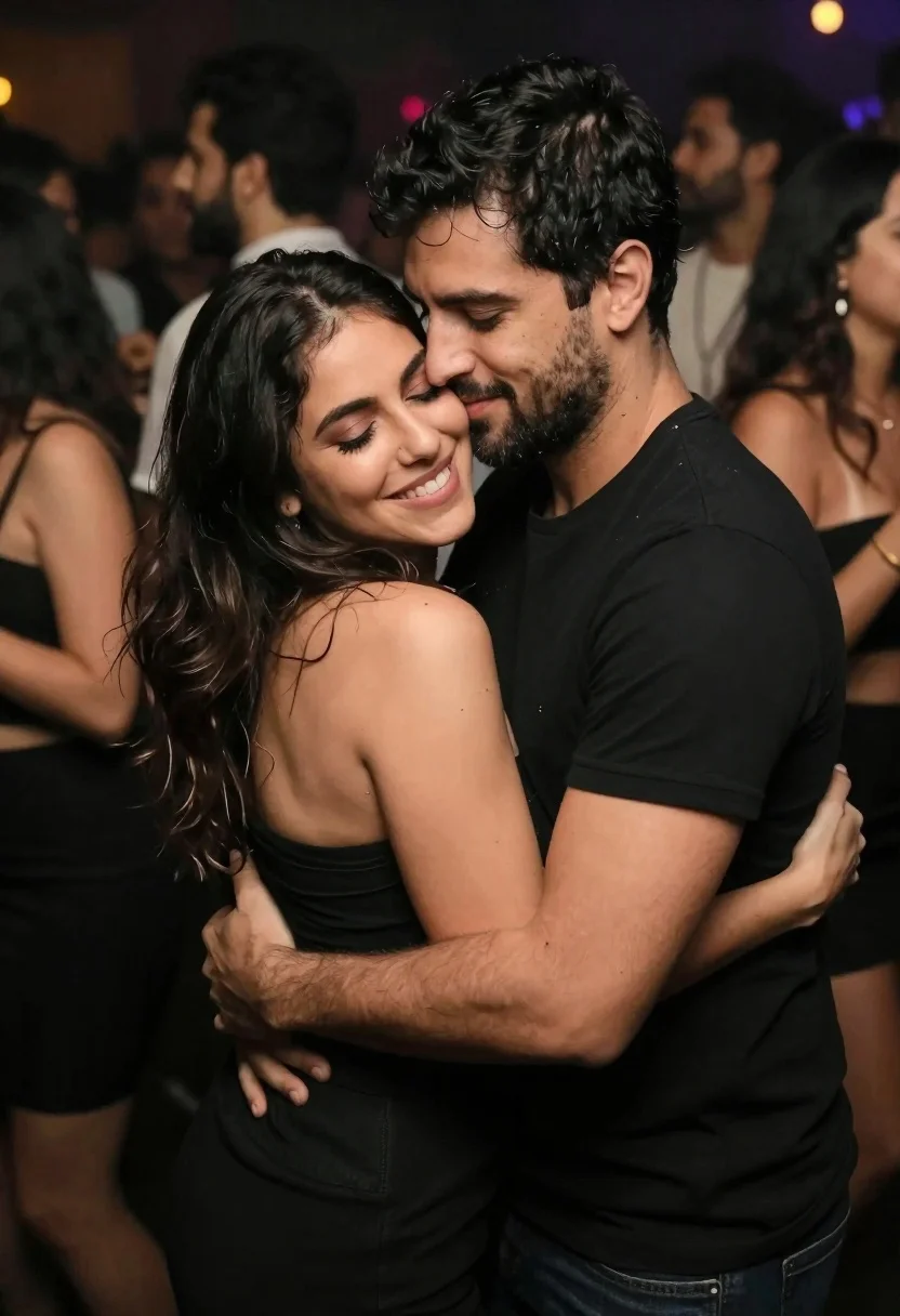Smiling couple embracing warmly at a crowded party venue - AI generated image prompt sample