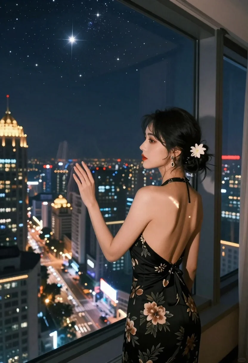Woman by window overlooking starry city skyline at night