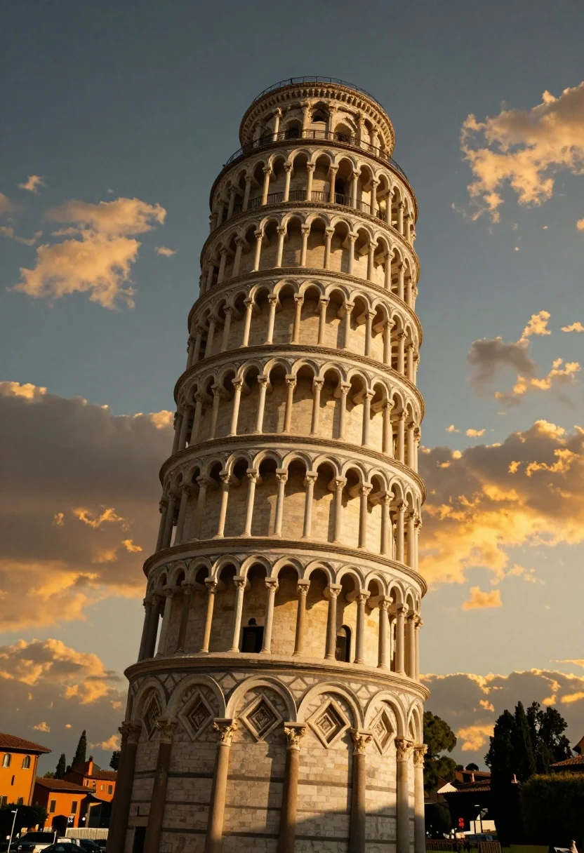 Low angle view of leaning tower of pisa against dramatic sunset sky - AI generated image prompt sample
