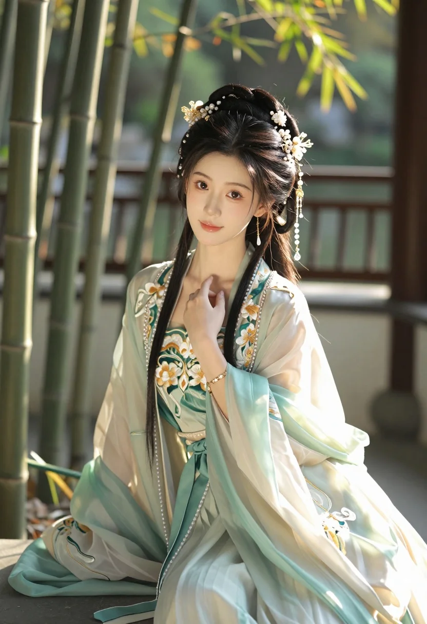 Serene young east asian woman in hanfu sitting in sunlit garden setting - AI generated image prompt sample