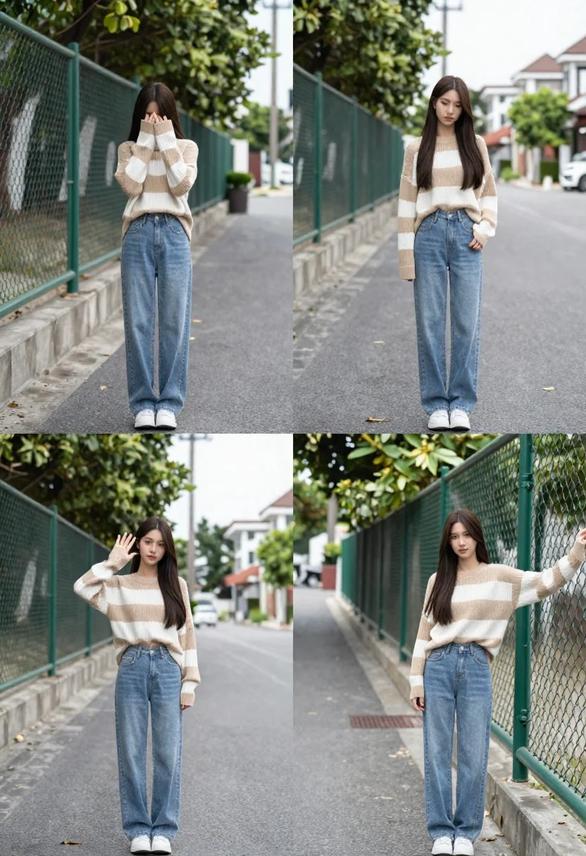 Young woman in striped sweater posing on a residential street - AI generated image prompt sample