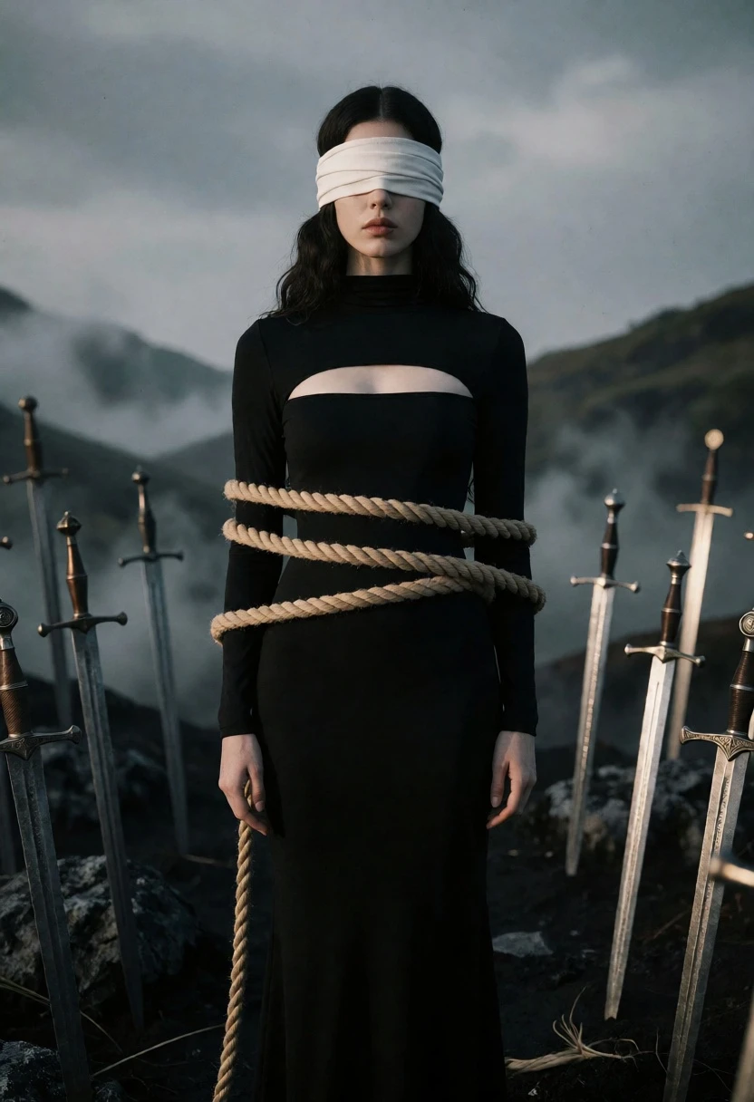 Woman blindfolded and bound among swords in misty rocky terrain - AI generated image prompt sample