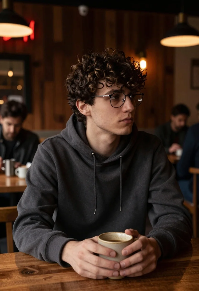 Young man with curly brown hair at wooden table in dimly lit - AI generated image prompt sample