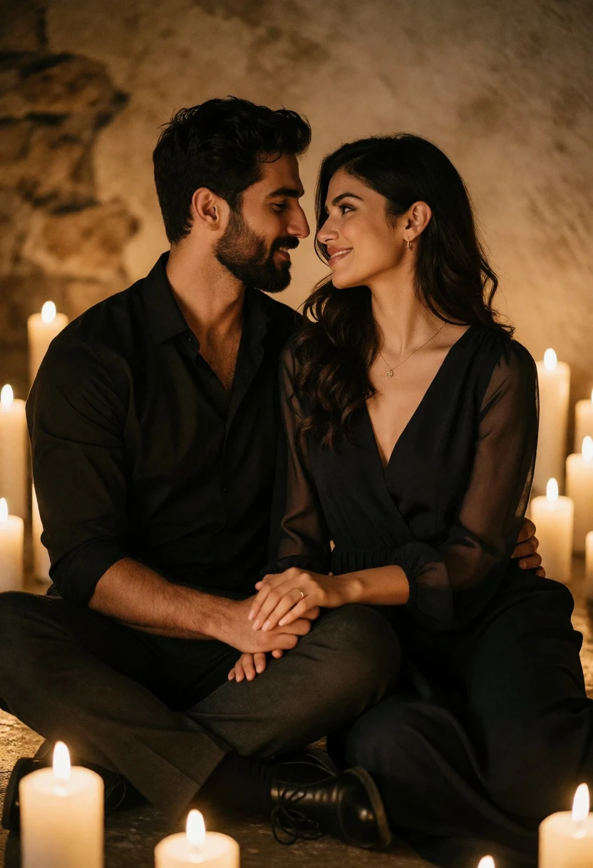 Intimate couple portrait lit by numerous white pillar candles in stone setting - AI generated image prompt sample