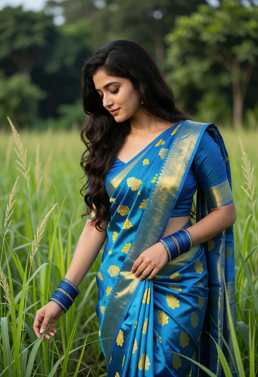 Young woman in blue silk saree standing in lush green field grass - AI generated image prompt sample