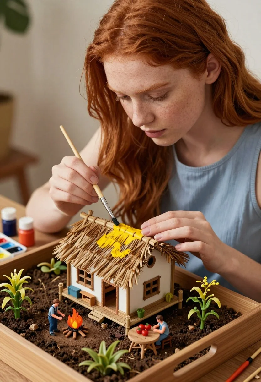 Young woman painting miniature village diorama with red hair - AI generated image prompt sample
