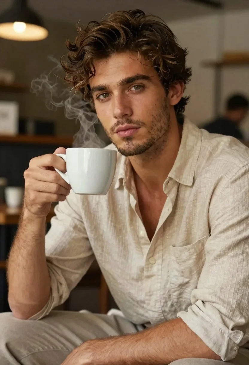 Handsome man with mug in a softly lit cafe
