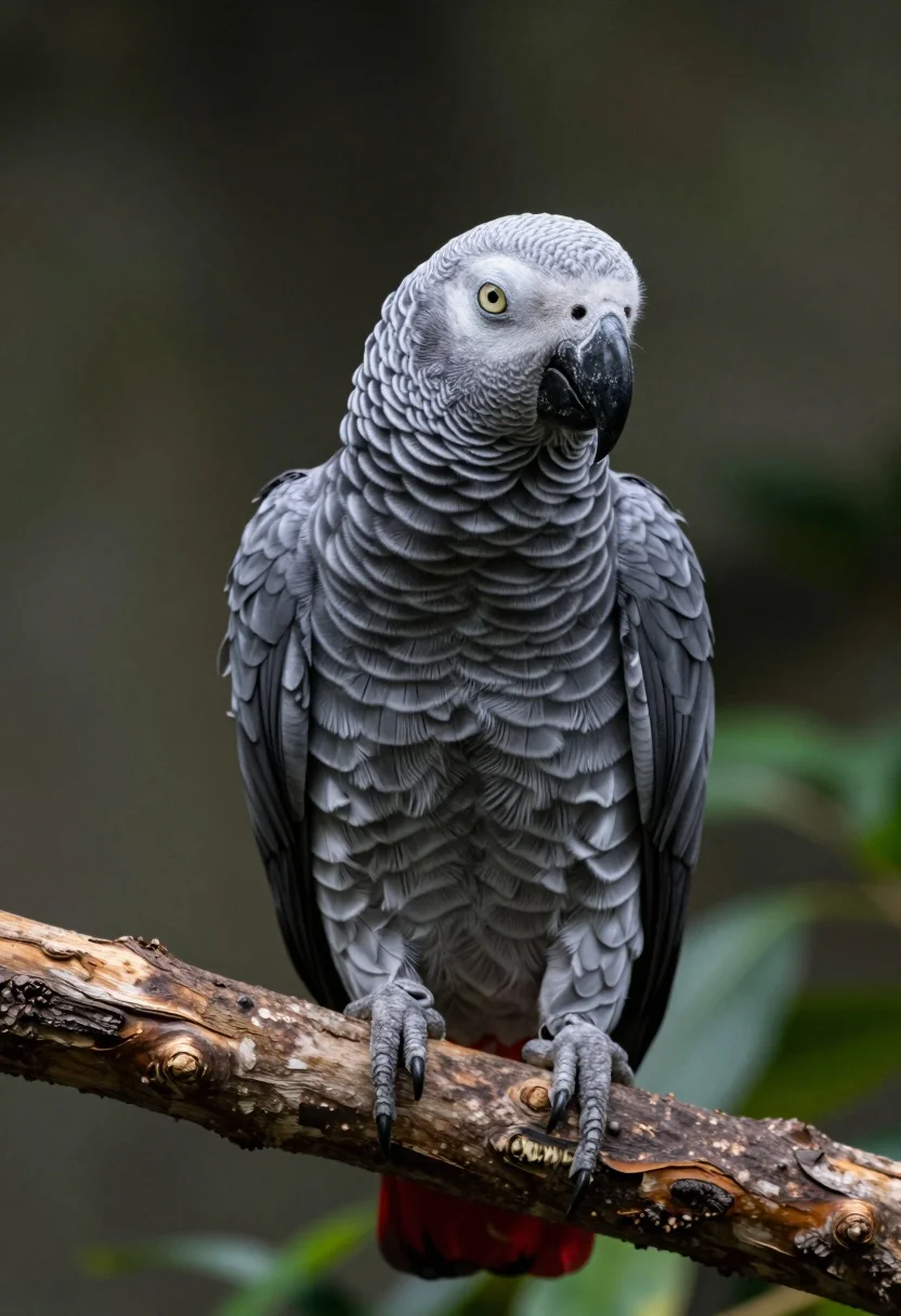 Close up portrait of an african grey parrot on a wooden branch - AI generated image prompt sample