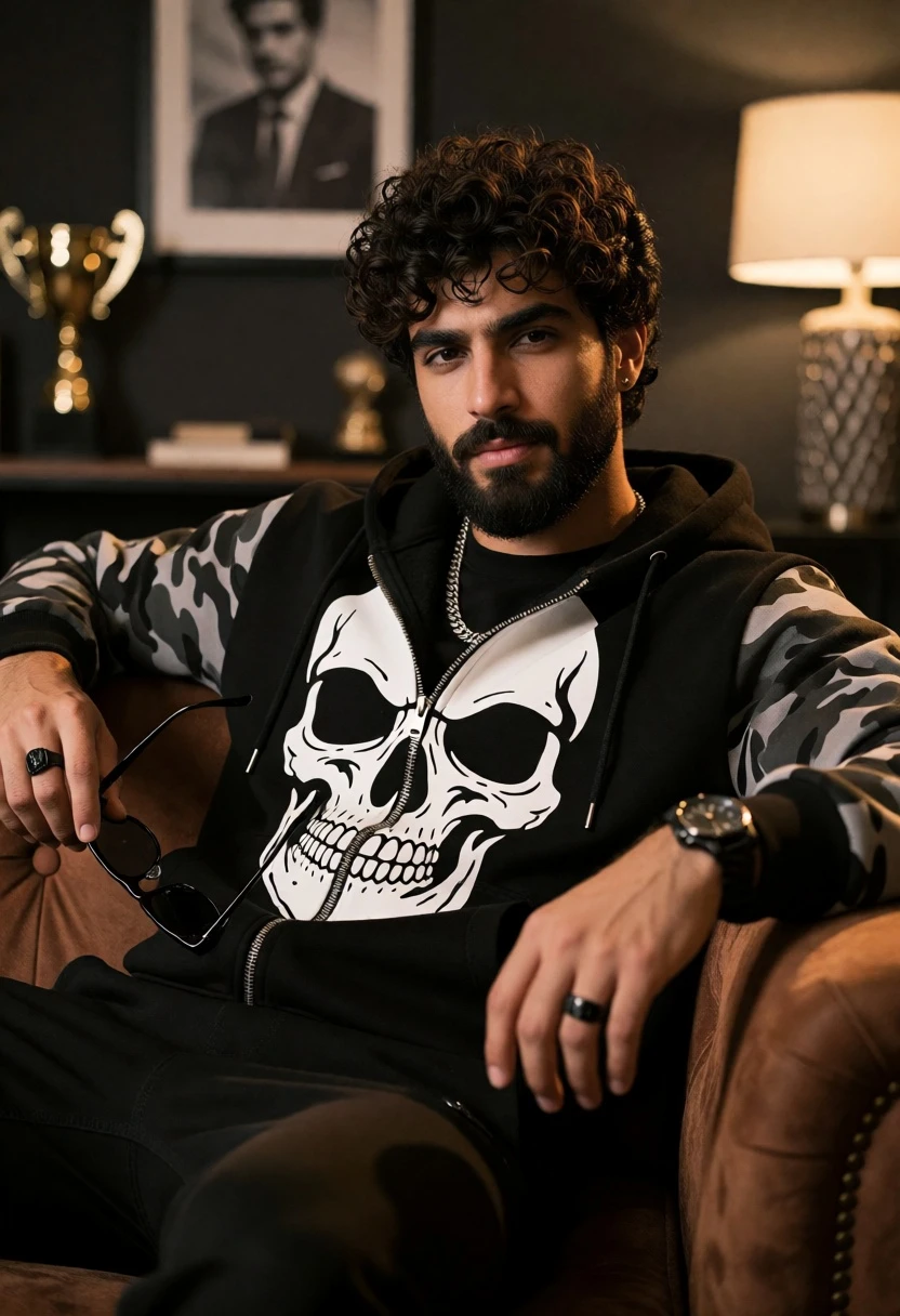 Man with dark curly beard on brown couch in dimly lit interior - AI generated image prompt sample