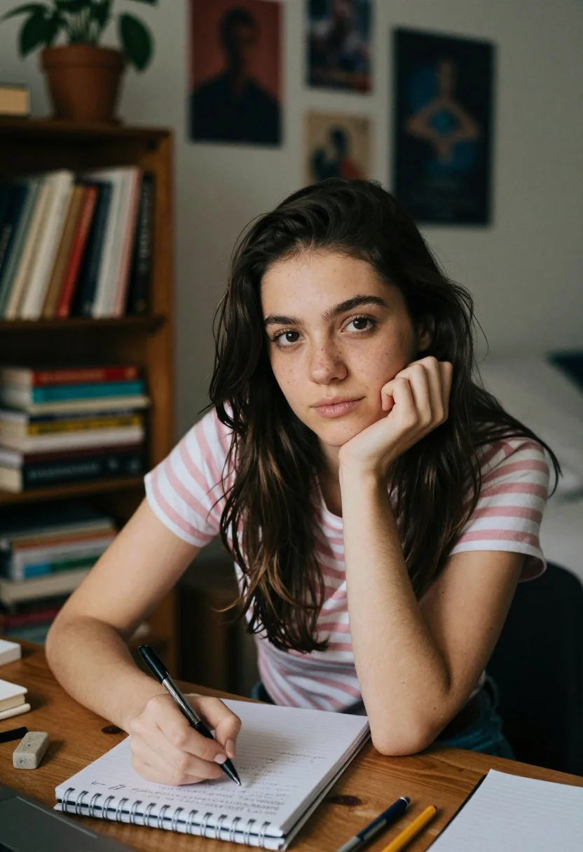 Young woman with dark hair at wooden desk in dimly lit study - AI generated image prompt sample
