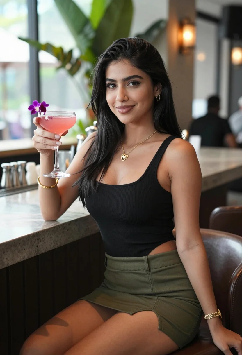 Young woman with dark hair holding pink cocktail at upscale bar lounge - AI generated image prompt sample