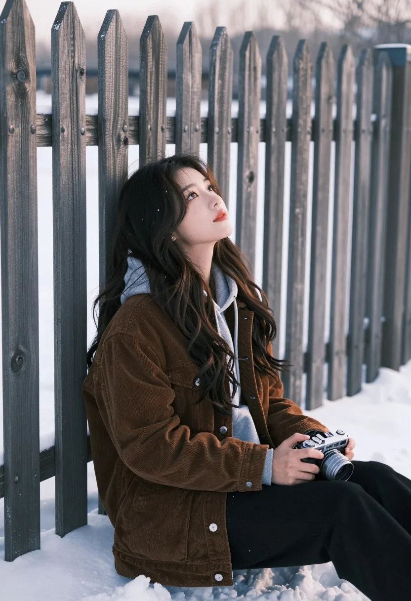 Young woman with dark wavy hair sitting by wooden fence in snowy - AI generated image prompt sample