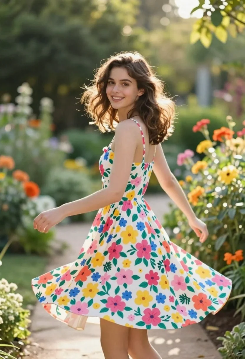 Smiling young woman in floral sundress twirling in a sunlit garden - AI generated image prompt sample