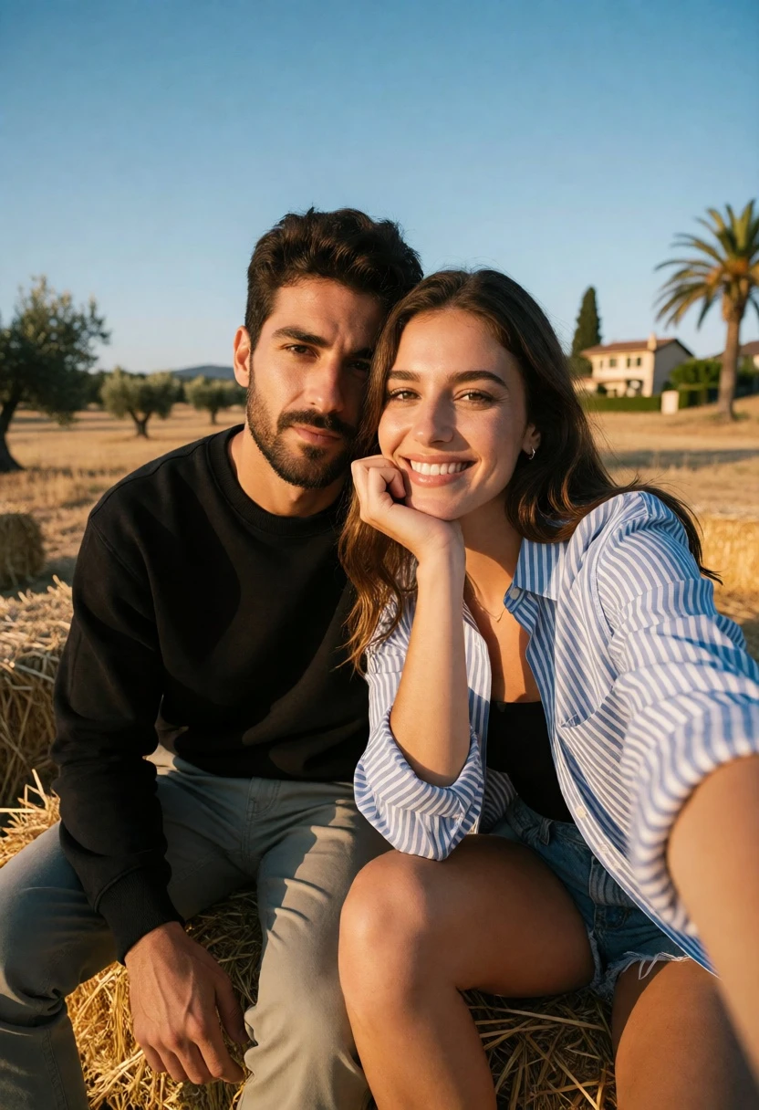 Couple sitting closely on hay bales in sunlit field under clear blue - AI generated image prompt sample
