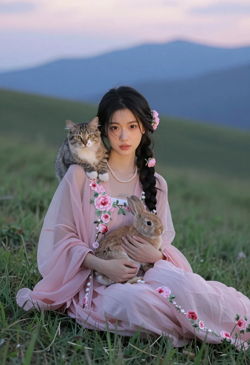 Young woman in pink floral dress holding rabbit with cat on grassy - AI generated image prompt sample