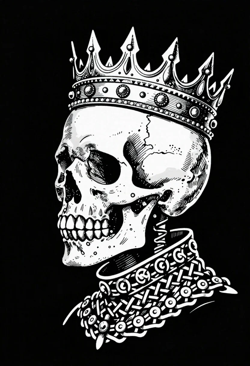 Black and white illustration of skull wearing crown
