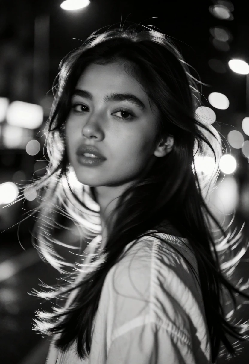 Black and white cinematic photograph of a woman in the city at - AI generated image prompt sample