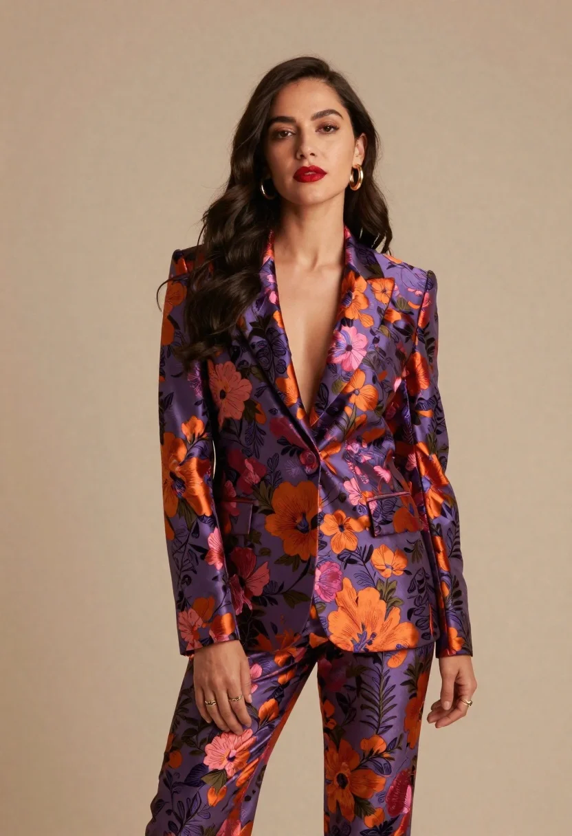 Confident woman in floral patterned suit against beige studio backdrop