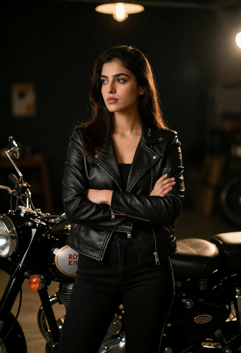 Young woman in black leather jacket posing by vintage motorcycle in dim - AI generated image prompt sample