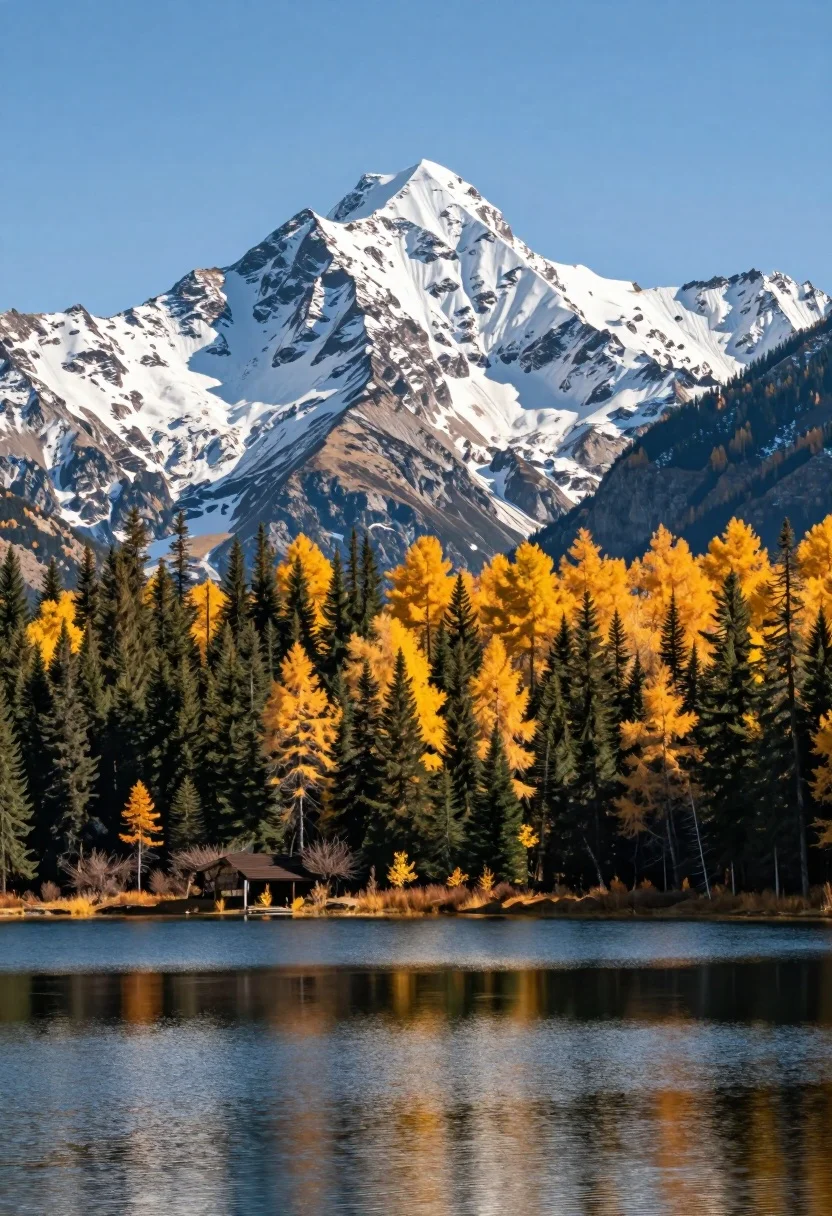 Photorealistic wide view of mountain range forest reflecting on calm blue lake - AI generated image prompt sample