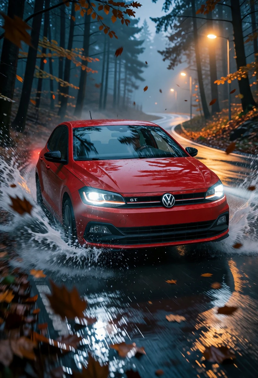 Red volkswagen polo gt speeding through wet forest road with autumn leaves - AI generated image prompt sample