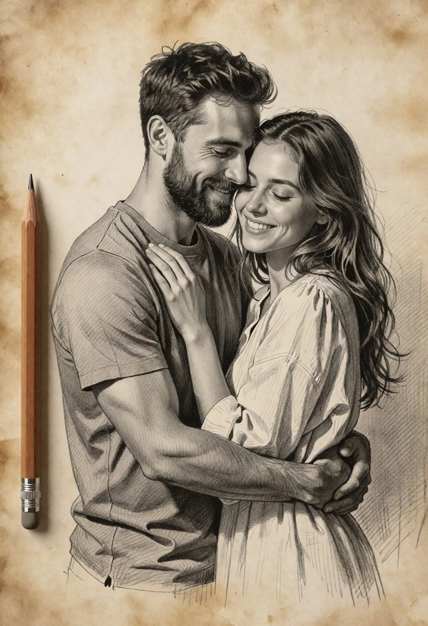 Romantic pencil sketch of embracing couple on aged parchment paper - AI generated image prompt sample