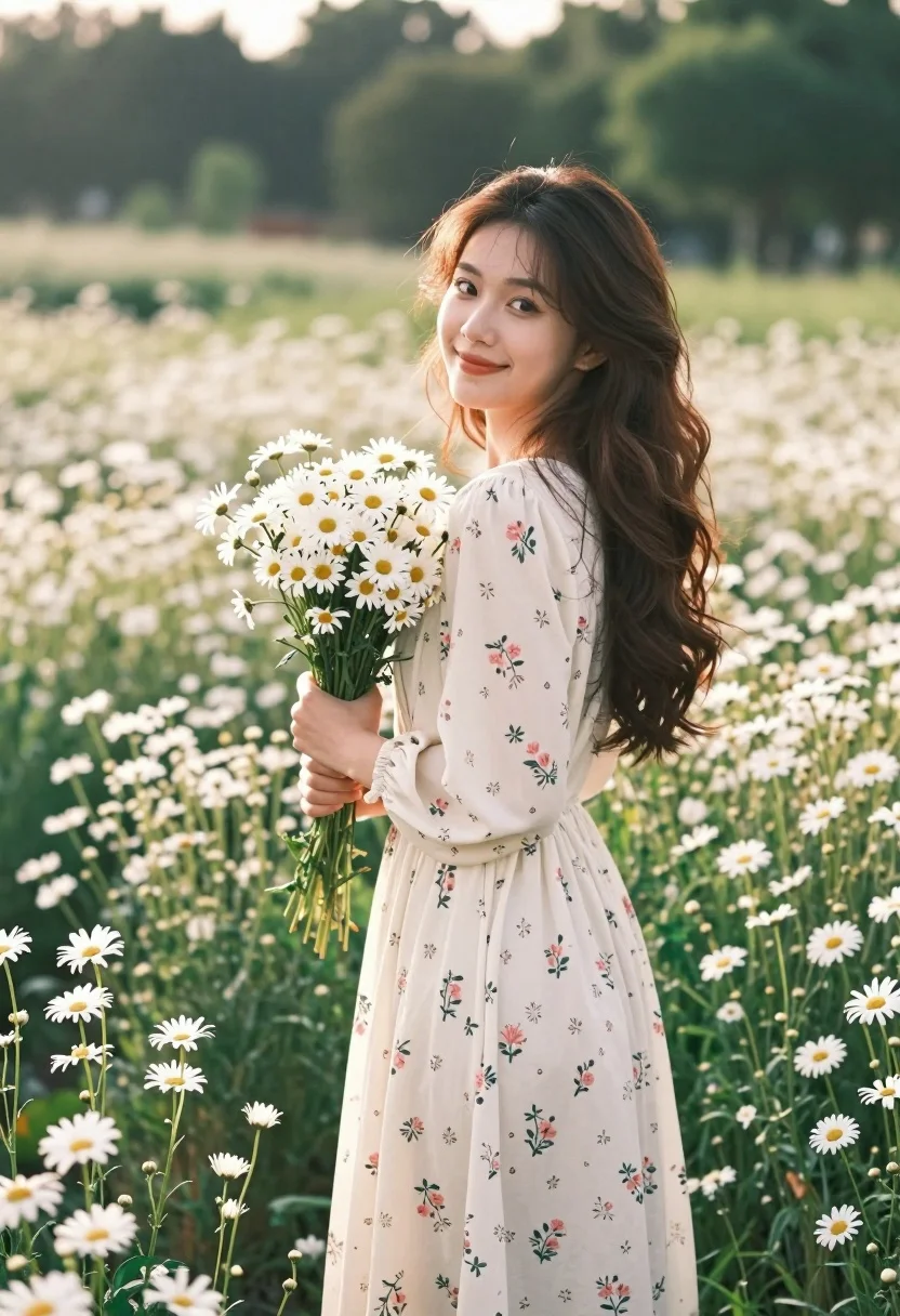 Young woman in floral dress holding daisies in a field at golden - AI generated image prompt sample