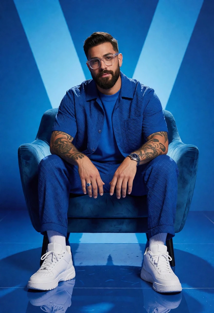 Man in monochromatic blue outfit seated on armchair against blue backdrop - AI generated image prompt sample