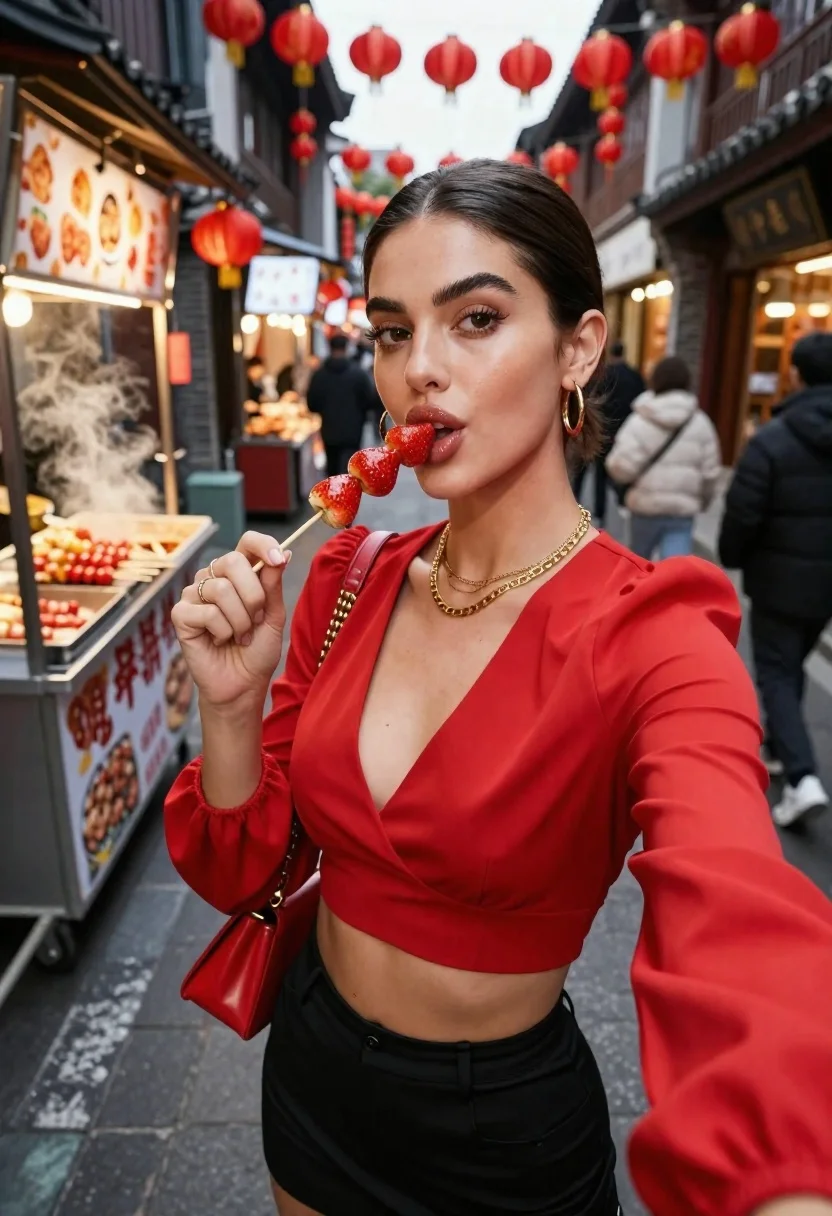 Young woman in red outfit taking selfie with glazed strawberries on street - AI generated image prompt sample