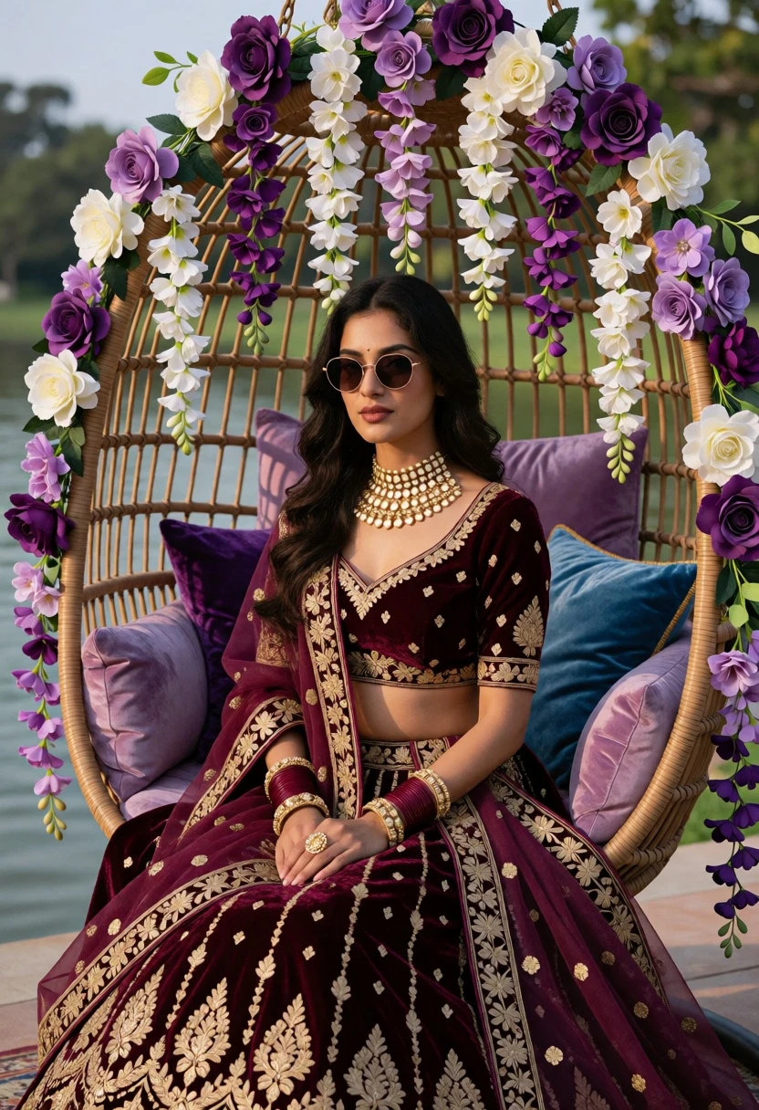 Woman in maroon lehenga sitting in wicker chair near water with flowers - AI generated image prompt sample